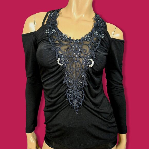 Y2K Black Lace Beaded Off Shoulder Top Size S Fairy Goth Whimsigoth Witchy - Picture 1 of 9